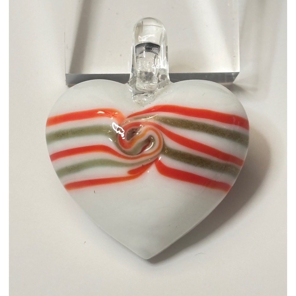 Vintage Glass Retro Puffy Heart Pendant Orange Green Striped Swirl Lampwork
